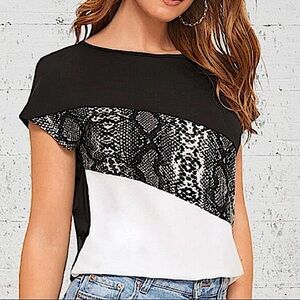 SNAKESKIN SHORT SLEEVE COLOR BLOCK PUNK BLOUSE TEE SHIRT